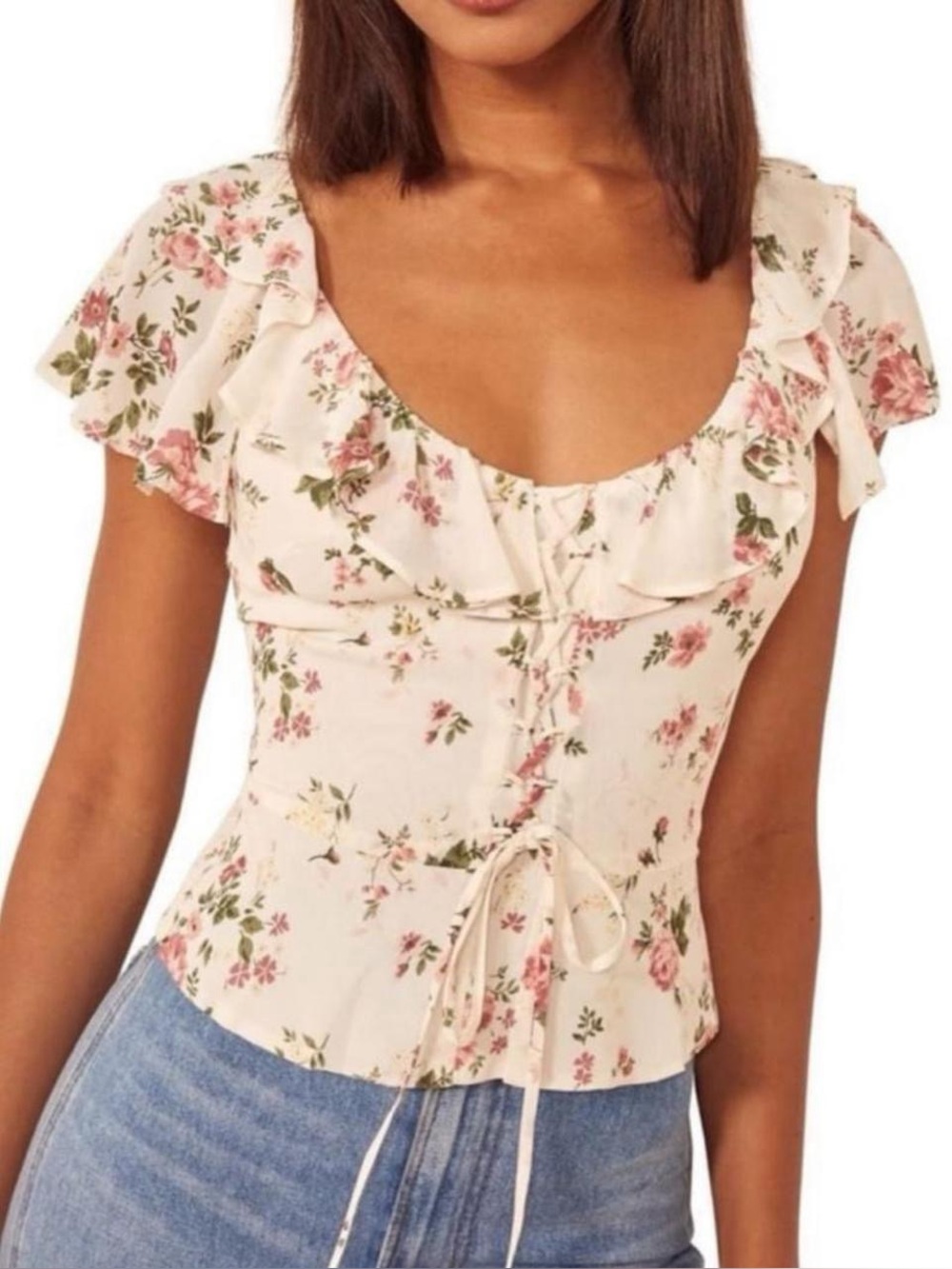Reformation Fleur Ruffle Trim Lace-Up Top